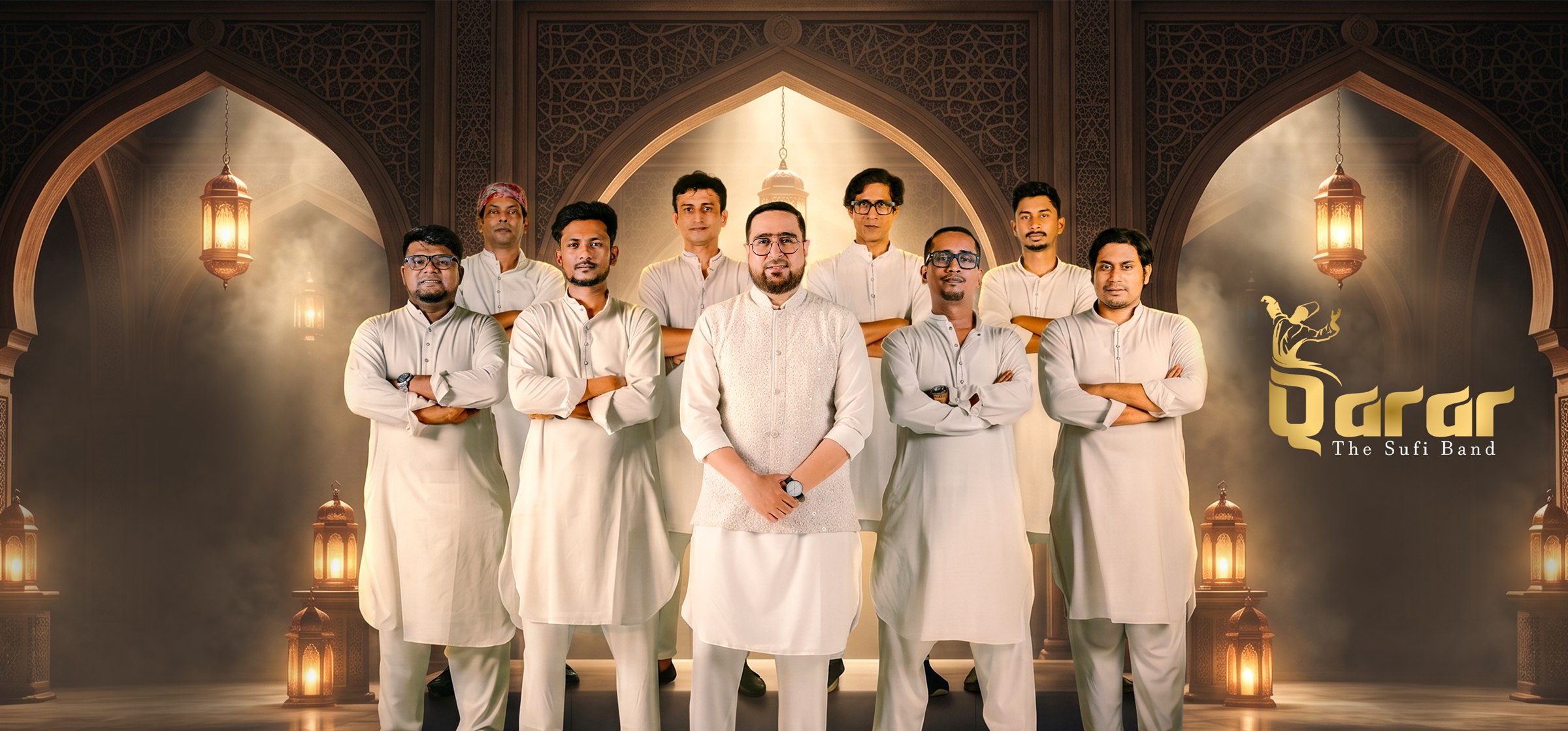 The complete Qarar ensemble assembled beneath arched lanterns